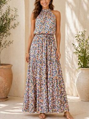 Temofon Floral Halter Maxi Dress – Size Medium